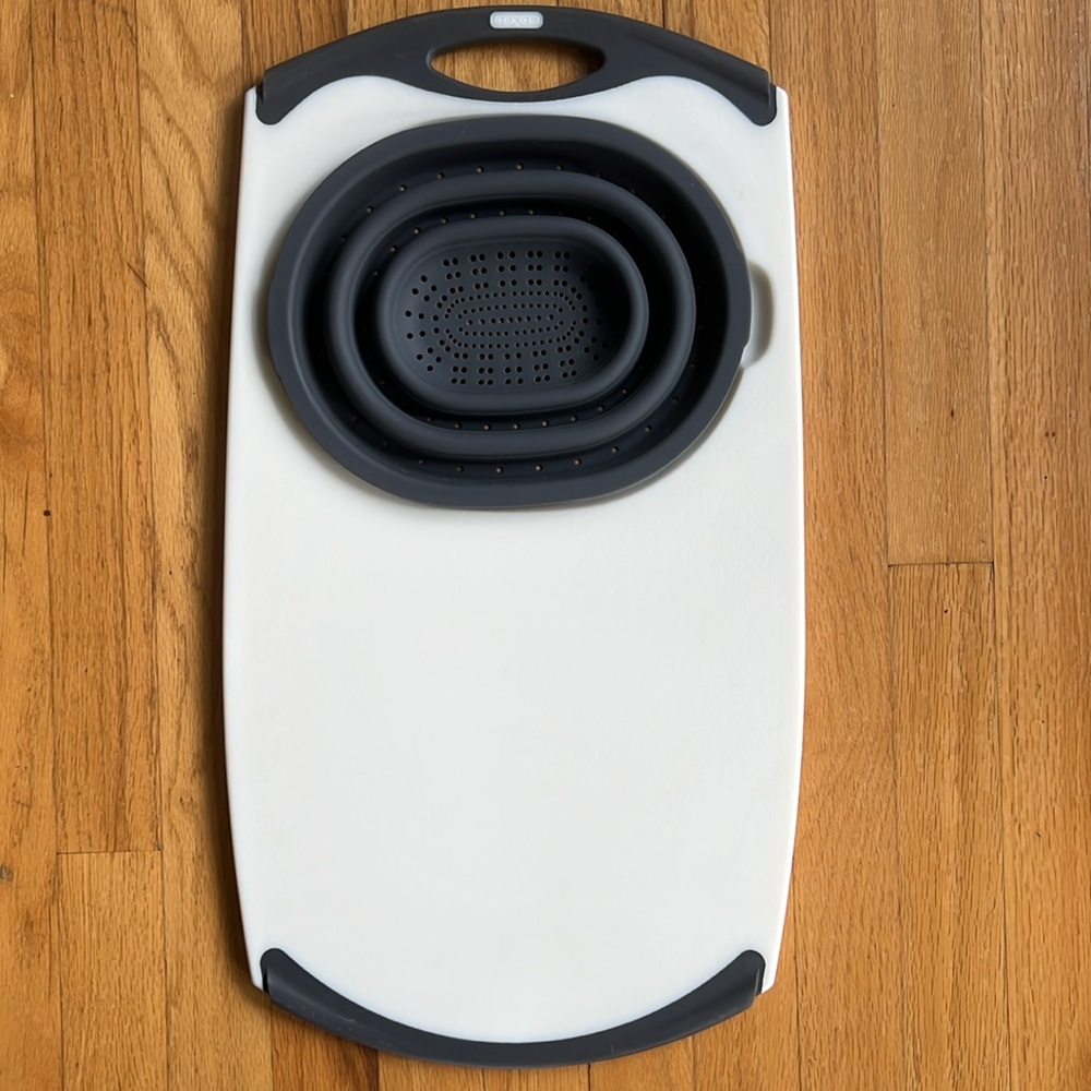 Dexas Over the Sink Poly Cutting Board w/Collapsible Strainer. 12 1/4 x 22 1/2”
